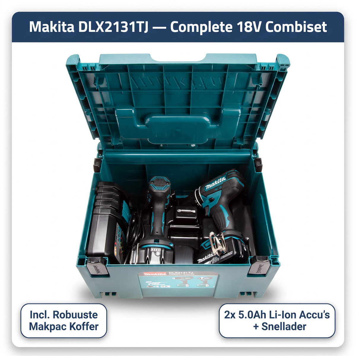MAKITA DLX2131TJ 18V combiset DHP482 accu klopboormachine + DTD152 slagschroevendraaier (2x 5.0Ah accu) in Mbox